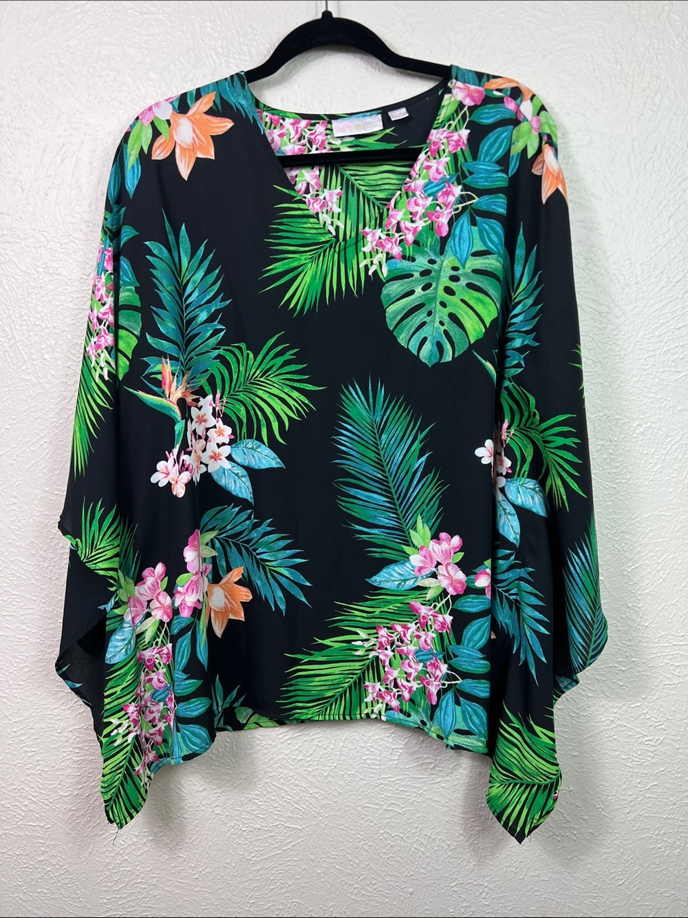 Belle Kim Gravel Tropical Leaf Floral Print Poncho V-Neck Tunic Top Large